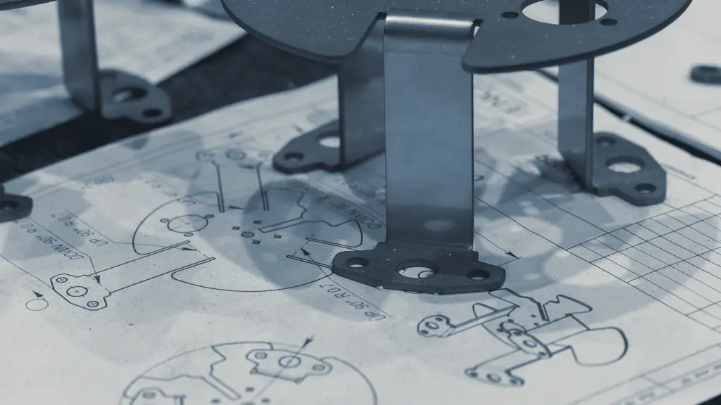 Machined metal parts resting on engineering drawings