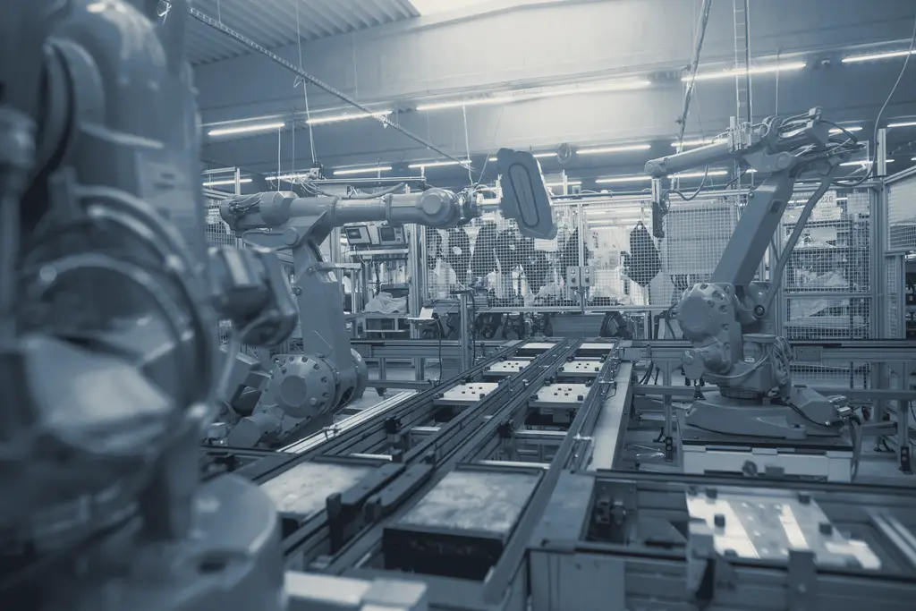 Industrial robot arms along a factory production line